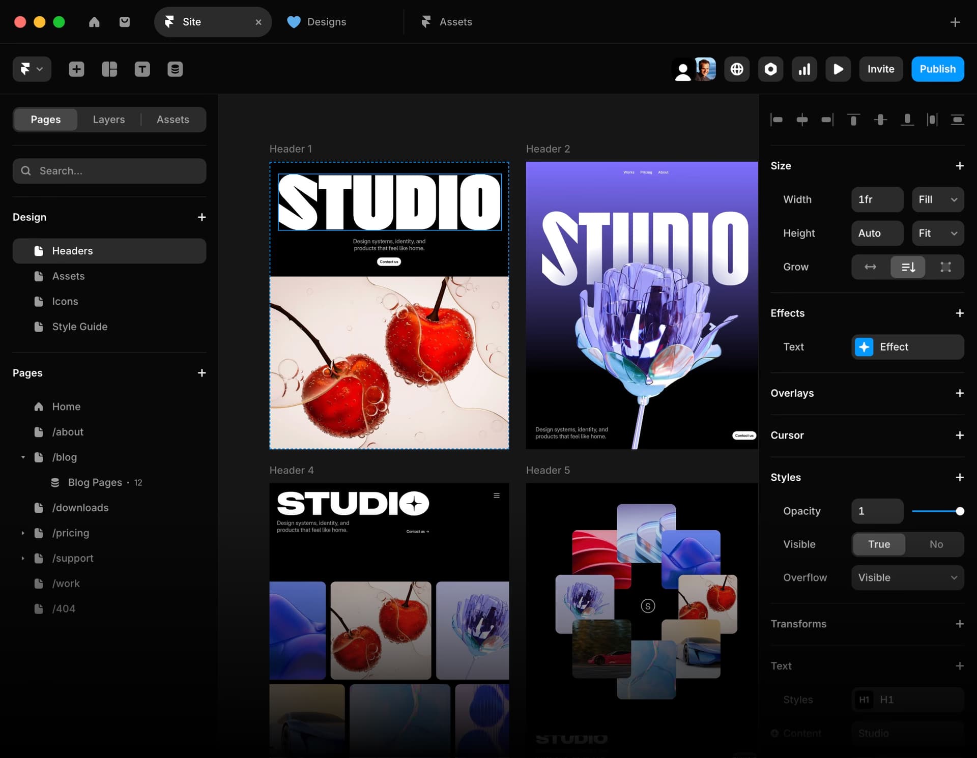 Framer website builder showing design canvas