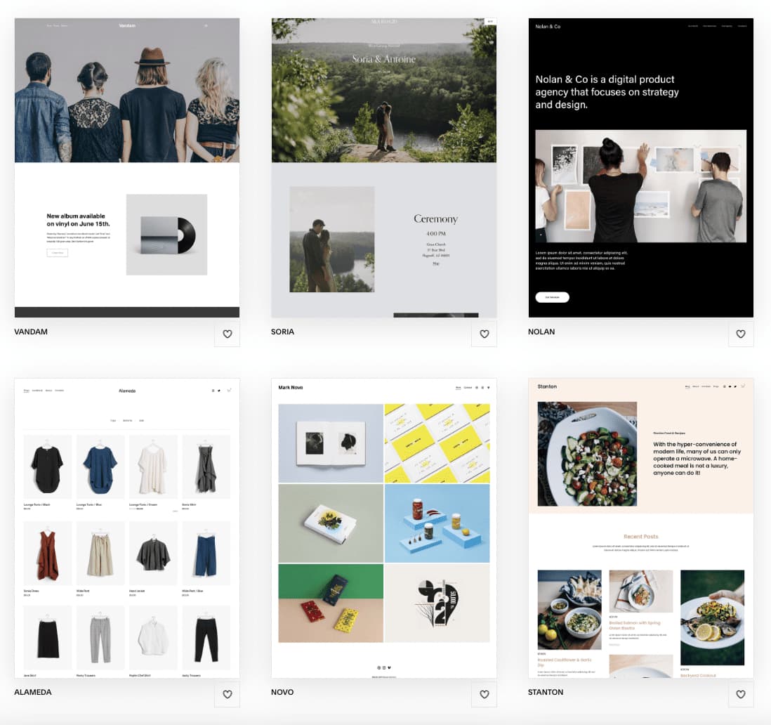 Squarespace template selection showing professionally designed website templates