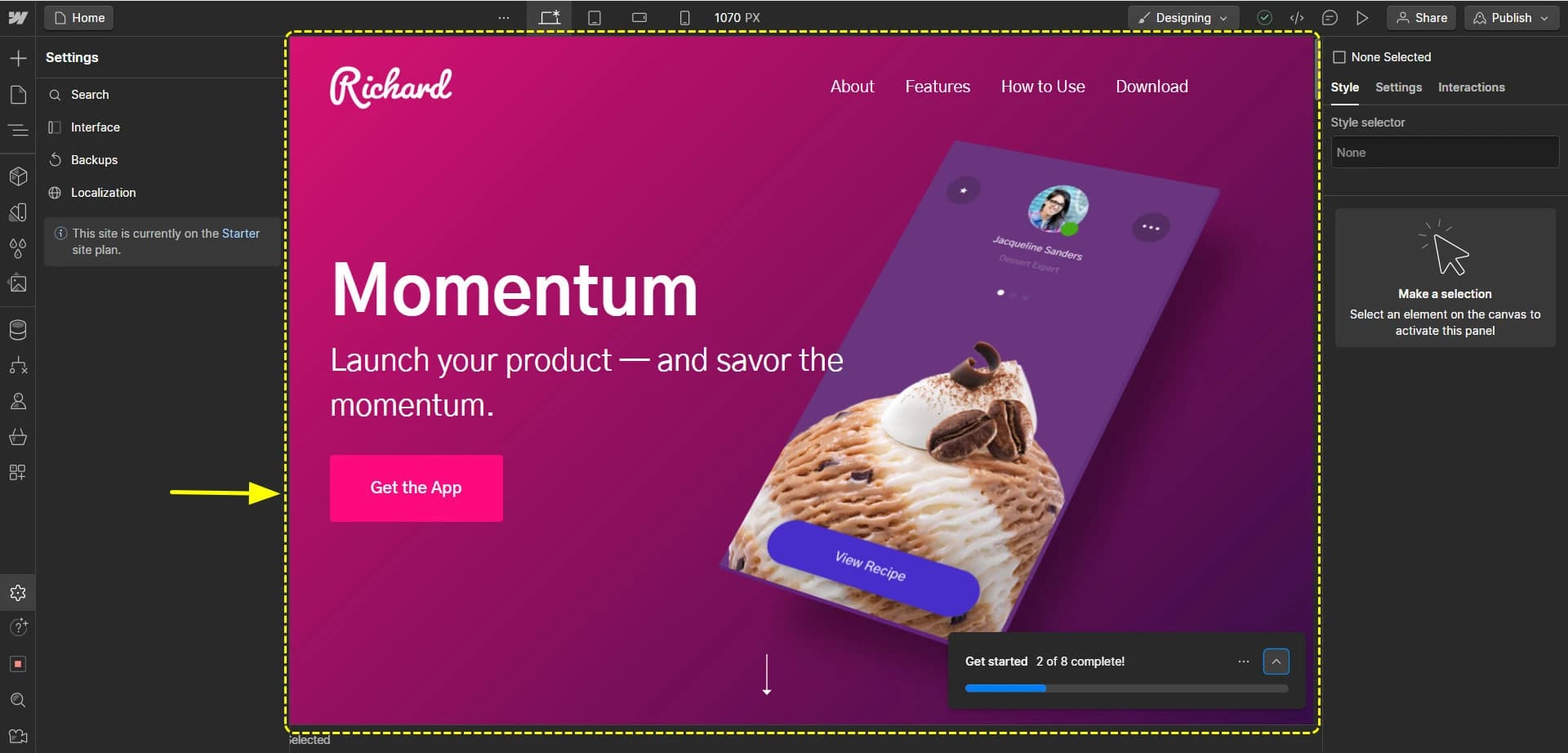 Webflow designer canvas showing visual web development interface